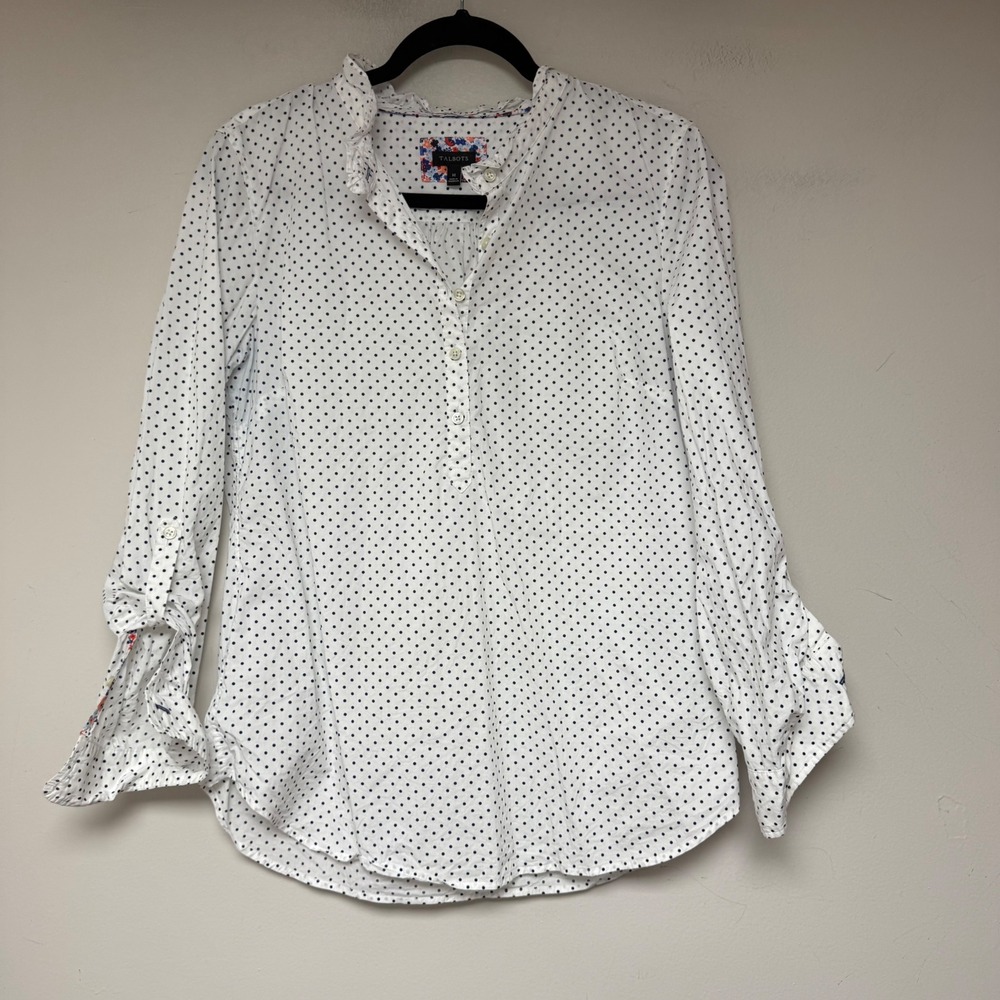 Talbots Blouse Womens M White Navy Polka Dot Excellent Ruffle Neck Tie Cuff 8864